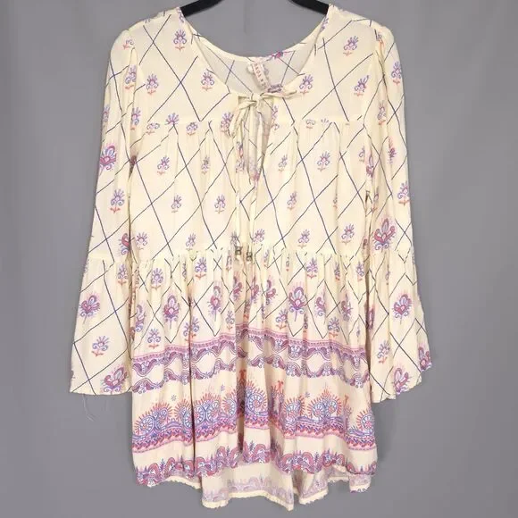 RAGA Anthropologie Top Women’s MEDIUM Juanita Ivory Printed Bell Sleeve Tie Neck - Picture 1 of 8